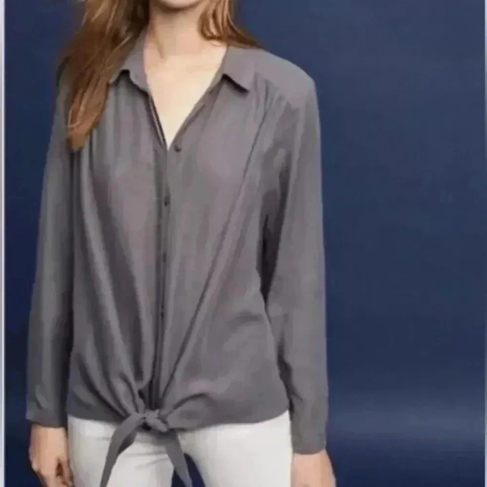 Anthropologie | Maeve Top Tuesday Tie Front Blouse Hi Lo Hem Gray Size S Small